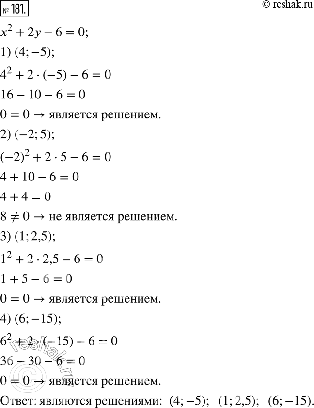 Изображение ﻿181. Какие из пар чисел (4; -5); (-2; 5); (1; 2,5); (6; -15) являются решениями уравнения х^2 + 2у - 6 =...