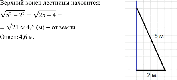 Изображение Основание лестницы находится в 1 м от стены, длина лестницы 5 м. На каком расстоянии от земли находится верхний конец...