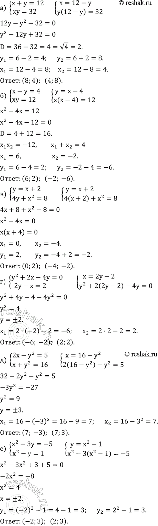 Изображение Решите систему уравнений:  а) {(x+y=12       xy=32)+    б) {(x-y=4      xy=12)+    в) {(y=x+2       4y+x^2=8)+    г) {(y^2+2x-4y=0       ...