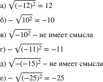 Изображение Найдите значение выражения (если оно имеет смысл):  а) корень (-12)2;  б) - корень 10^2;  в) корень (-10)2;  г) - корень (-11)2;  д) корень -(-15)2;  е) -корень...