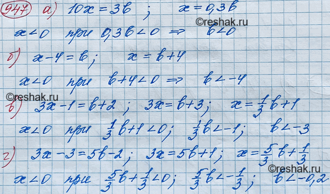 Изображение Найдите, при каких значениях b уравнение имеет отрицательный корень:  а) 10х = 3b;	  б) х - 4 = b;  в) 3х - 1 = b + 2;  г) 3х - 3 = 5b -...