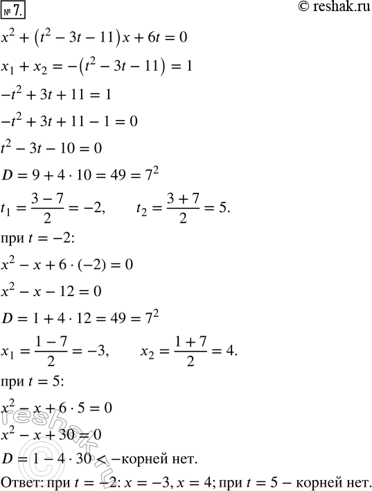 Изображение 7. Дано уравнение х2 + (t2 - 3t - 11)х + 6t = 0. Известно, что сумма его корней равна 1. Найдите значение параметра t и корни...