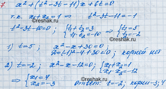 Изображение 7. Дано уравнение х2 + (t2 - 3t - 11)х + 6t = 0. Известно, что сумма его корней равна 1. Найдите значение параметра t и корни...