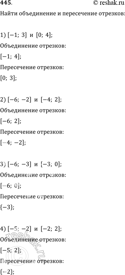 Изображение 445. Найти объединение и пересечение отрезков:  1) [-1; 3] и [0; 4];   2) [-6; -2] и [-4; 2];  3) [—6; -3] и [-3; 0];   4) [-5; -2] и [-2;...