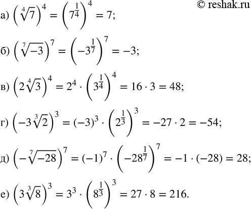 Изображение 172. Вычислите:		  а) (4v7)^4  б) (7v-3)^7  в) (2 4v3)^4  г) (-3 3v2)^3  д) (-7v-28)^7  е) (3...