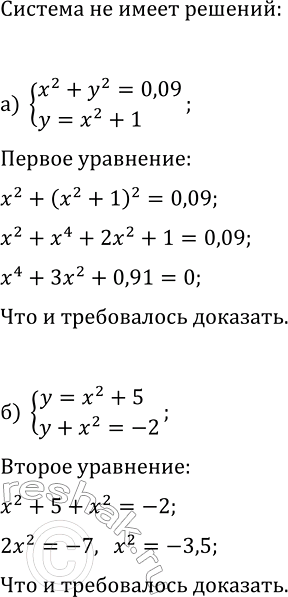 Изображение 470. Докажите, что система уравнений не имеет решений:  а) {x^2+y^2=0,09, y=x^2+1};   б) {y=x^2+5,...