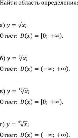 Изображение 894. Найдите область определения функции:  а) y=vx;   б) y=x^(1/3);   в) y=x^(1/12);   г)...