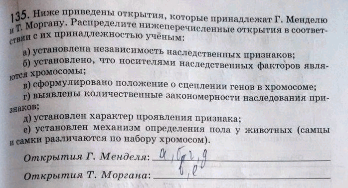 Изображение 1 35. Ниже приведены открытия, которые принадлежат Г. Менделю и Т. Моргану. Распределите...
