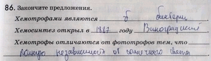 Изображение 86. Закончите предложения.  Хемотрофами являются_ Хемосинтез открыл в_году_ Хемотрофы отличаются от фототрофов тем,...
