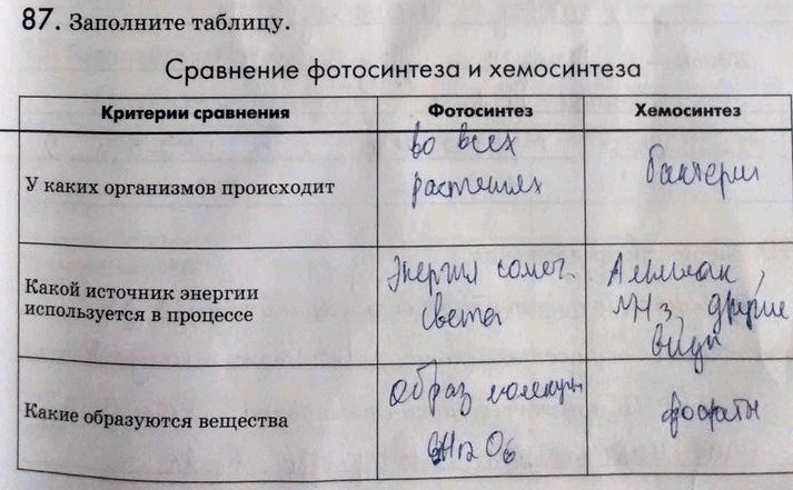 Изображение 87. Заполните таблицу.  Сравнение фотосинтеза и хемосинтеза Критерии сравнения Фотосинтез...
