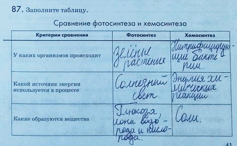 Изображение 87. Заполните таблицу.  Сравнение фотосинтеза и хемосинтеза Критерии сравнения Фотосинтез...