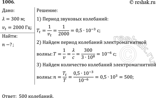Изображение Сколько колебаний происходит в электромагнитной волне с длиной волны 300 м за время, равное периоду звуковых колебаний с частотой 2000...