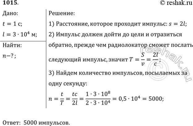 Изображение Каким может быть максимальное число импульсов, посылаемых радиолокатором за 1 с, при разведывании цели, находящейся на расстоянии 30 км от...