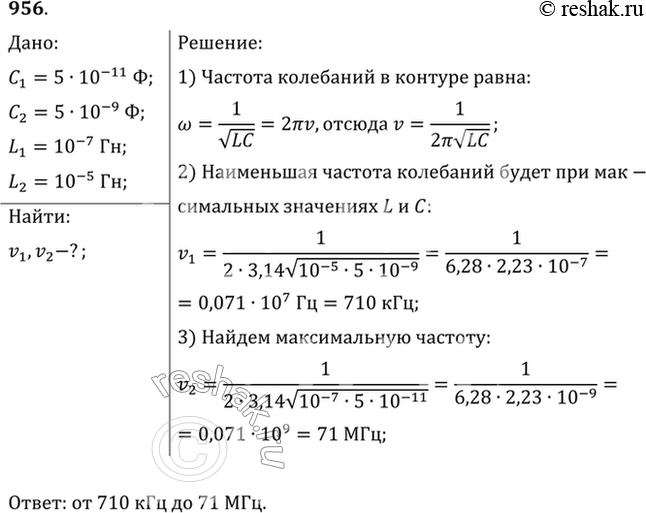 Изображение Каков диапазон частот собственных колебаний в контуре, если его индуктивность можно изменять в пределах от 0,1 до 10 мкГн, а емкость — в пределах от 50 до 5000...