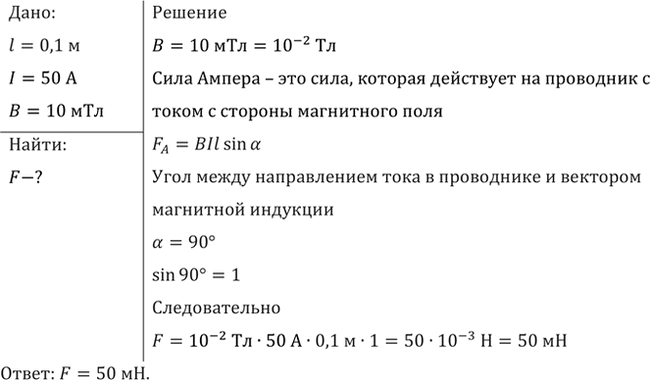 Изображение С какой силой действует магнитное поле индукцией 10 мТл на проводник, в котором сила тока 50 А,...