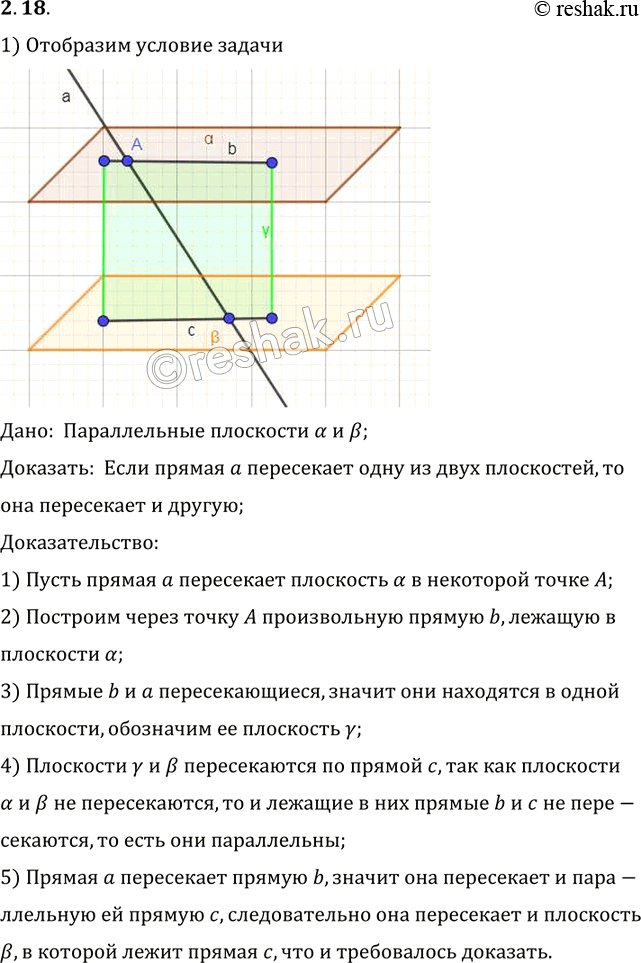 Изображение Докажите, что прямая, пересекающая одну из двух параллельных плоскостей, пересекает и...