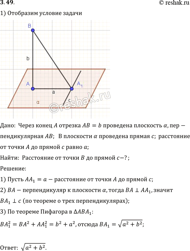 Изображение Через конец A отрезка AB длины b проведена плоскость, перпендикулярная отрезку, и в этой...