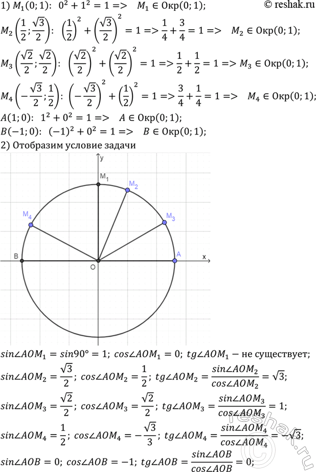 Изображение Проверьте, что точки M1 (0;1), М2  (1/2;корень3/2) M3 (корень2/2;корень2/2), M4 (корень2/2;1/2),  В(-1;0) лежат на...