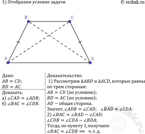 Изображение На рисунке 75 AB = CD и BD=АС. Докажите, что: a) угол CAD= угол ADB; б) угол BAC = угол...