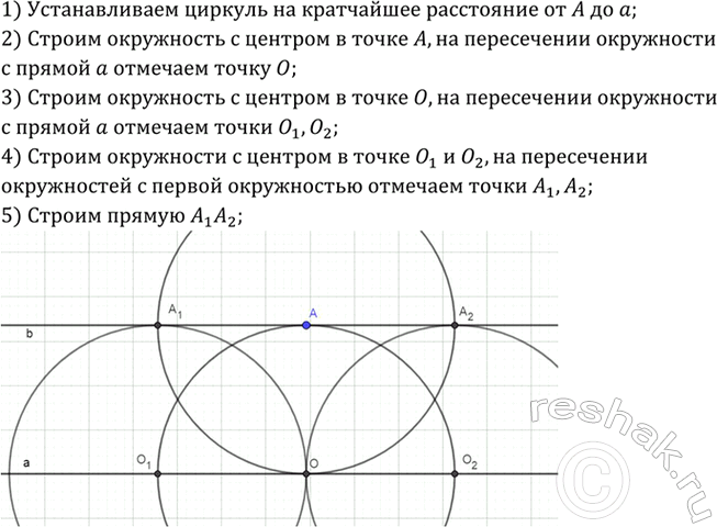 Изображение Даны прямая а и точка А, не лежащая на ней. С помощью циркуля и линейки через точку А проведите прямую, параллельную прямой...
