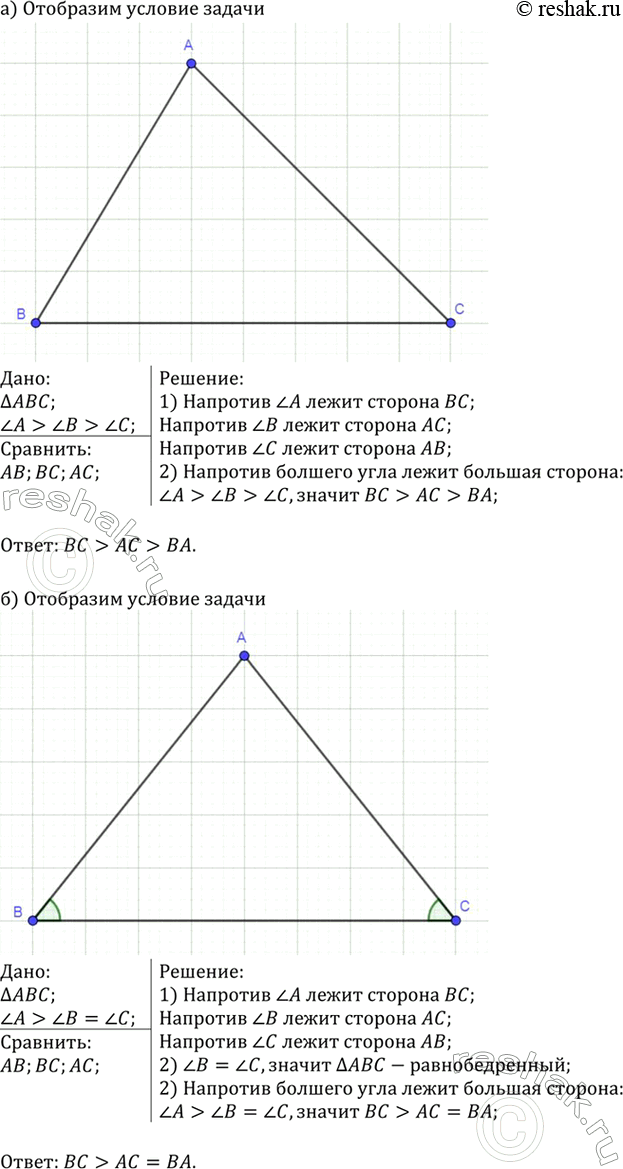 Изображение Сравните стороны треугольника ABC, если: а) угол А > угол B > угол C; б) угол A>угол B = угол...