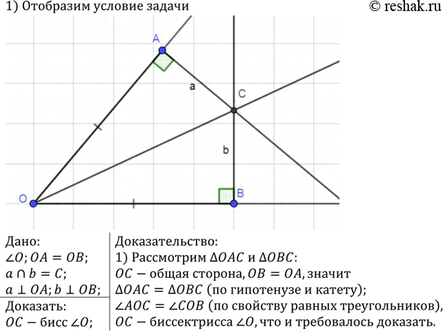 Изображение На сторонах угла О отмечены точки А и В так, что ОА = ОВ. Через эти точки проведены прямые,...