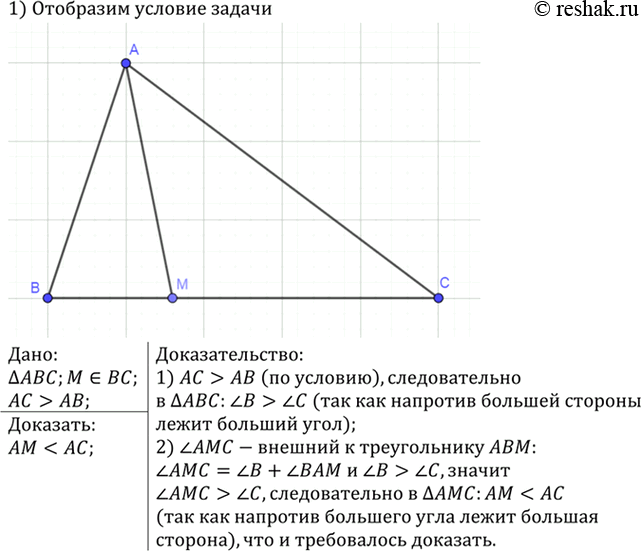 Изображение Дан треугольник ABC с прямым углом А. На стороне АВ постройте точку М, находящуюся на расстоянии AM от прямой...