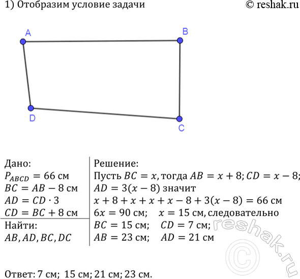 Изображение Найдите стороны четырёхугольника, если его периметр равен 66 см, первая сторона больше...