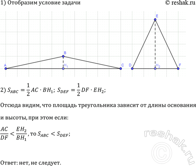 Изображение Каждая сторона одного треугольника больше любой стороны другого треугольника. Следует ли из этого, что площадь первого треугольника больше площади второго...