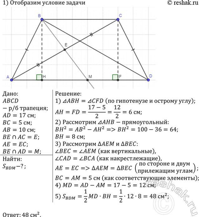 Изображение В равнобедренной трапеции ABCD с основаниями AD = 17 см, ВС = 5 см и боковой стороной АВ = 10 см через...