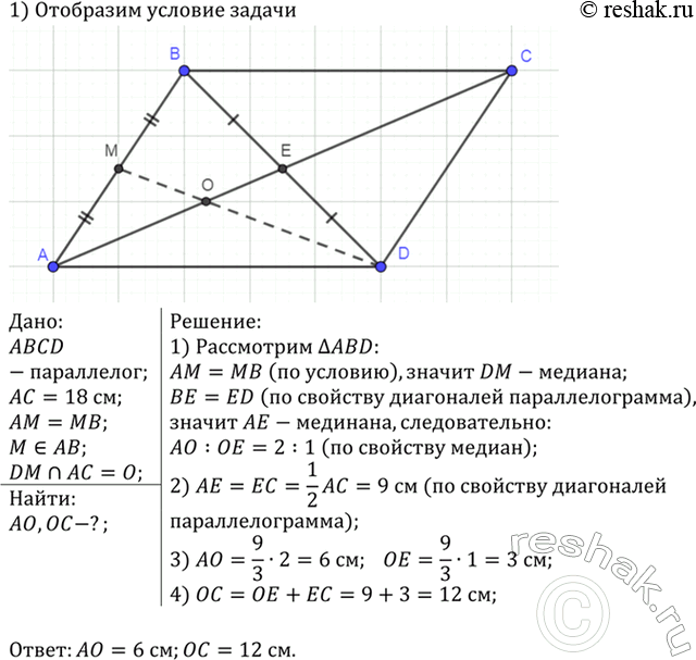 Изображение Диагональ АС параллелограмма ABCD равна 18 см. Середина М стороны АВ соединена с вершиной D. Найдите отрезки, на которые делится диагональ АС отрезком...