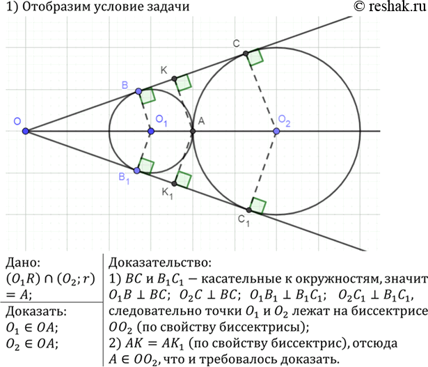 Изображение Стороны угла О касаются каждой из двух окружностей, имеющих общую касательную в точке А. Докажите, что центры этих окружностей лежат на прямой...