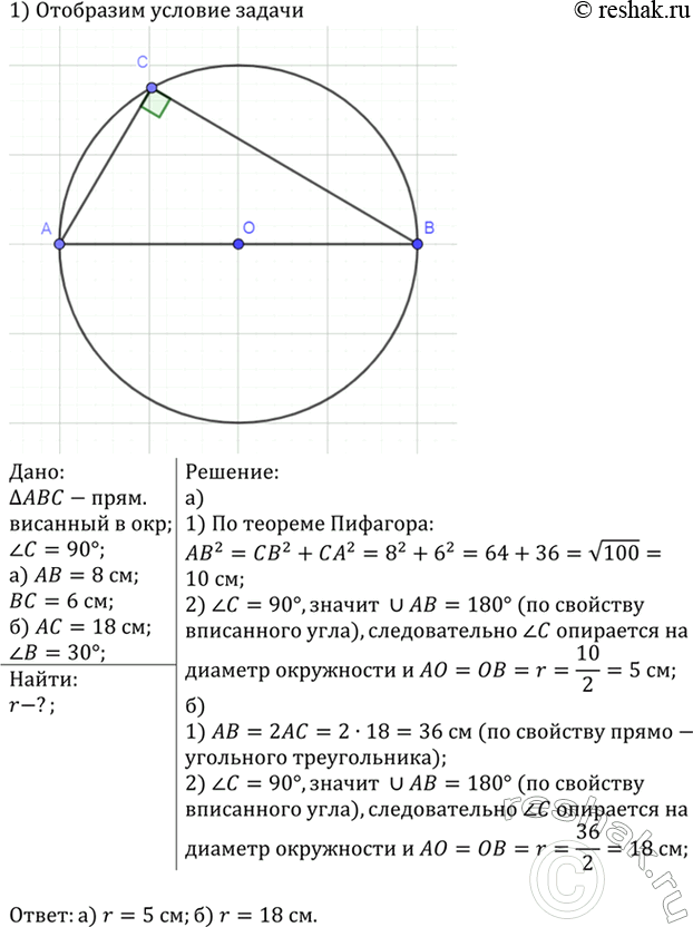 Изображение Около прямоугольного треугольника ABC с прямым углом С описана окружность. Найдите радиус этой окружности, если: а) АС = 8 см, ВС = 6 см; б) АС = 18 см, уголB =...