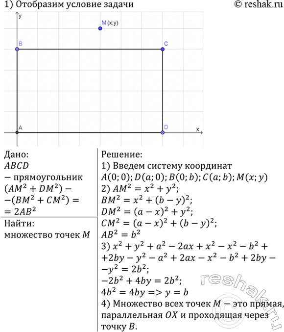 Изображение Дан прямоугольник ABCD. Найдите множество всех точек М, для каждой из которых (AM2 + DM2) - (ВМ2 + СМ2) =...