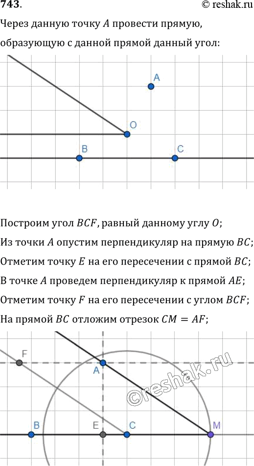 Изображение 743. Через данную точку А, не принадлежащую данной прямой, проведите прямую, образующую с данной прямой данный...