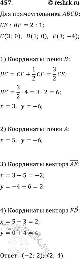 Изображение 457. Точка F делит сторону ВС прямоугольника ABCD в отношении 1:2, считая от вершины В (рис. 105). Найдите координаты векторов AF и...
