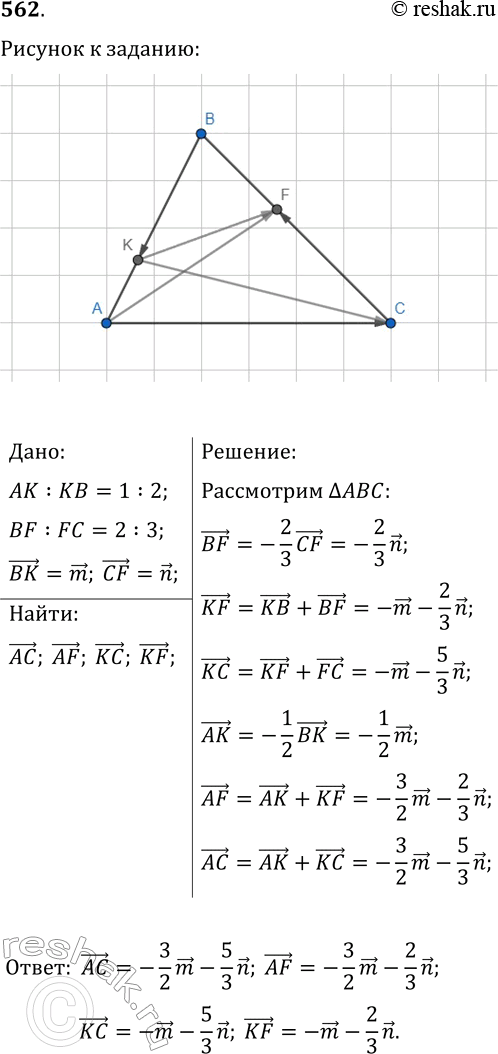 Изображение 562. На сторонах АВ и ВС треугольника АВС отметили соответственно точки К и F так, что АК:КВ=1:2 и BF:FC=2:3. Выразите векторы AC, AF, КС, KF через векторы ВК=m,...