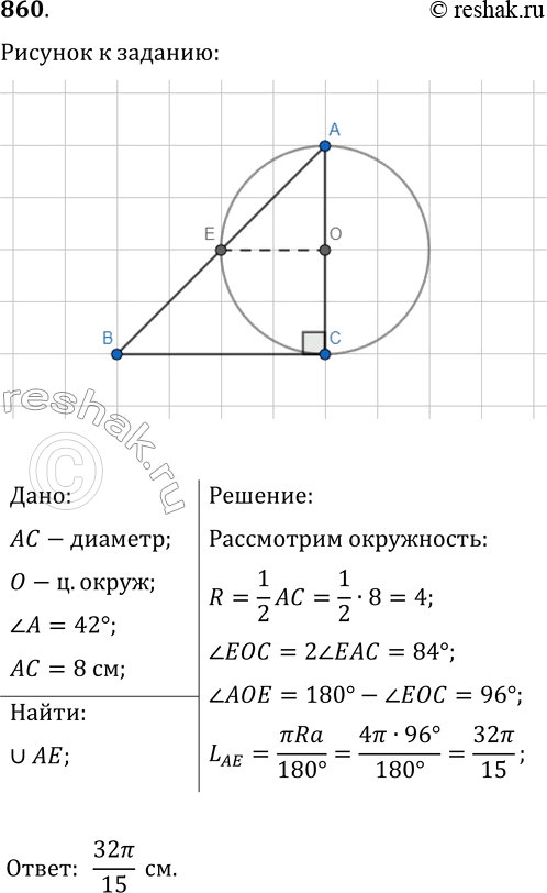 Изображение 860. На катете AC прямоугольного треугольника ABC (угол C=90°) как на диаметре построена...