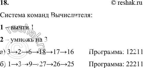 Изображение 18. Запишите алгоритм для исполнителя Вычислитель (см. пример 6), содержащий не более 5 команд:  а) получения из числа 3 числа 16;  б) получения из числа 1 числа...