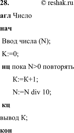 Изображение 28. Составьте алгоритм для определения количества цифр в записи произвольного натурального...