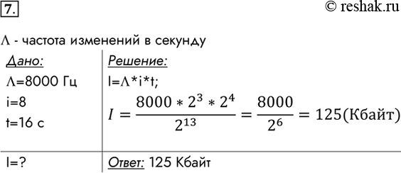 Изображение 7. Каков информационный объем в килобайтах моноаудиофайла длительностью звучания 16 с при...