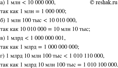 Изображение Сравните числа:  а) 1 млн и 10 000 000;  б) 1 млн 100 тыс. и 10 010 000;  в) 1 млрд и 1 000 000 001;  г) 1 млрд 10 млн 100 тыс. и 1 010 110...
