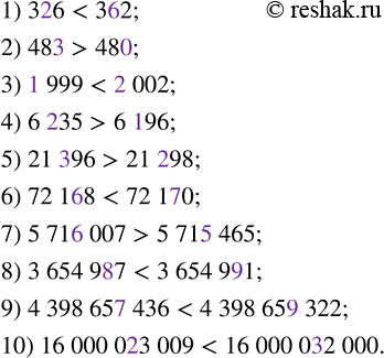 Изображение ﻿Сравните числа:  1) 326 и 362;          6) 72 168 и 72 170;  2) 183 и 480;          7) 5 716 007 и 5 715 465;  3) 1 999 и 2 002;      8) 3 654 987...