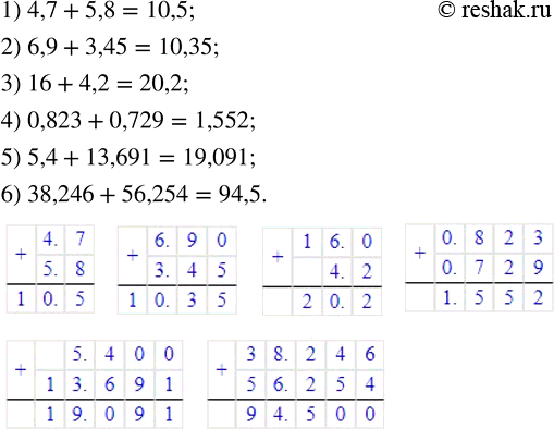 Изображение ﻿Выполните сложение:					  1) 4,7 + 5,8;       3) 16 + 4,2;          5) 5,4 + 13,691;  2) 6,9 + 3,45;      4) 0,823 + 0,729;     6) 38,246 +...