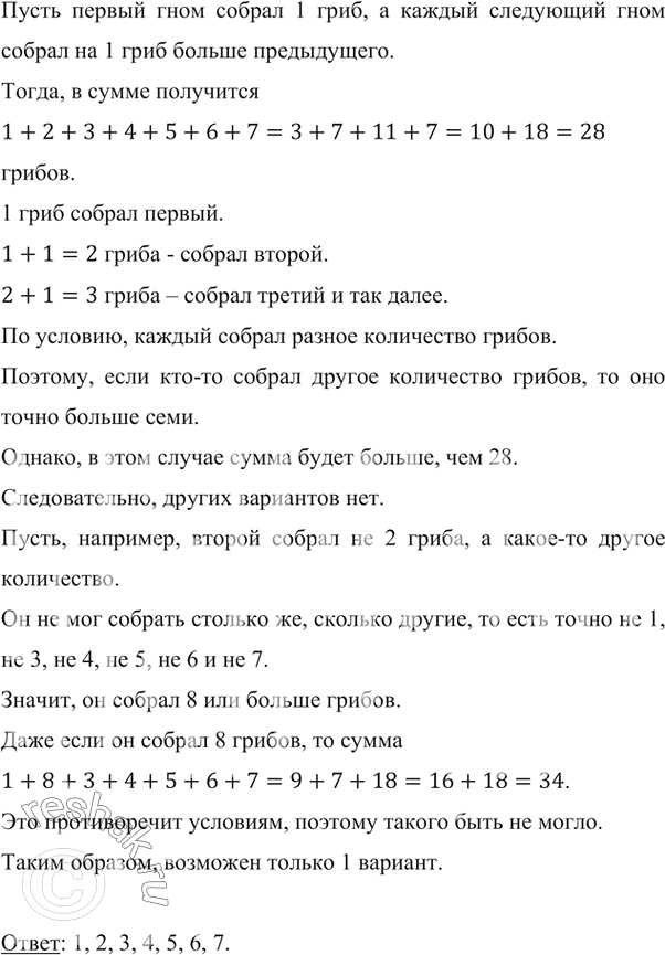 Изображение ﻿Семь гномов собрали вместе 28 грибов. Все они собрали разное количество грибов, и ни у кого не оказалось пустой корзинки. Сколько грибов собрал каждый...