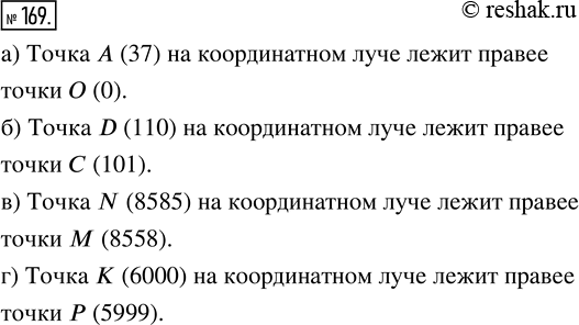 Изображение ﻿Какая точка лежит правее на координатном луче:  а) А(37) или 0(0);      в) М(8558) или N(8585);  б) С(101) или D(110);   г) K(6000) или...