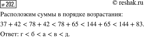 Изображение ﻿Не вычисляя, расположите суммы в порядке возрастания:  а) 78 + 65;   в) 144 + 65;   д) 144 + 83.  б) 78 + 42;   г) 37 +...