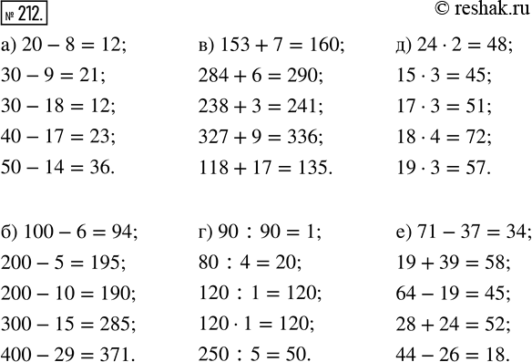 Изображение ﻿Вычислите устно:   а) 20 - 8;    в) 153 + 7;   д) 24 · 2;     30 - 9;       284 + 6;      15 · 3;      30 - 18;      238 + 3;      17 · 3;      40...