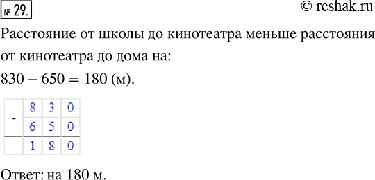 Изображение ﻿Расстояние от школы до кинотеатра 650 м, а от кинотеатра до дома 830 м. На сколько расстояние от школы до кинотеатра меньше расстояния от кинотеатра до...