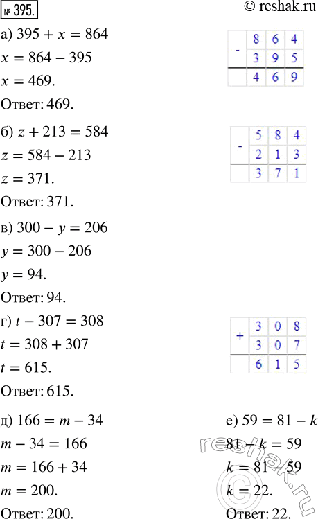 Изображение ﻿Решите уравнение:  а) 395 + х = 864;   в) 300 - у = 206;   д) 166 = m - 34;  б) z + 213 = 584;   г) t- 307 = 308;    е) 59 = 81 -...
